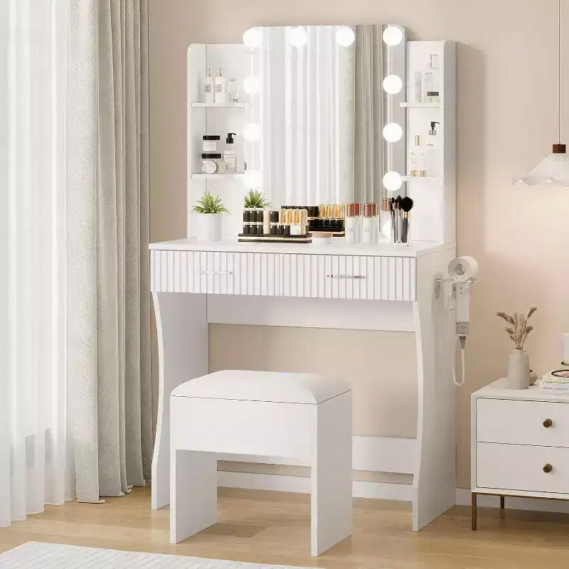 Coiffeuse avec Miroir et 12 Lumières LED, Table de Maquillage Blanche avec Prise de Courant, Meuble Moderne pour Chambre à Coucher